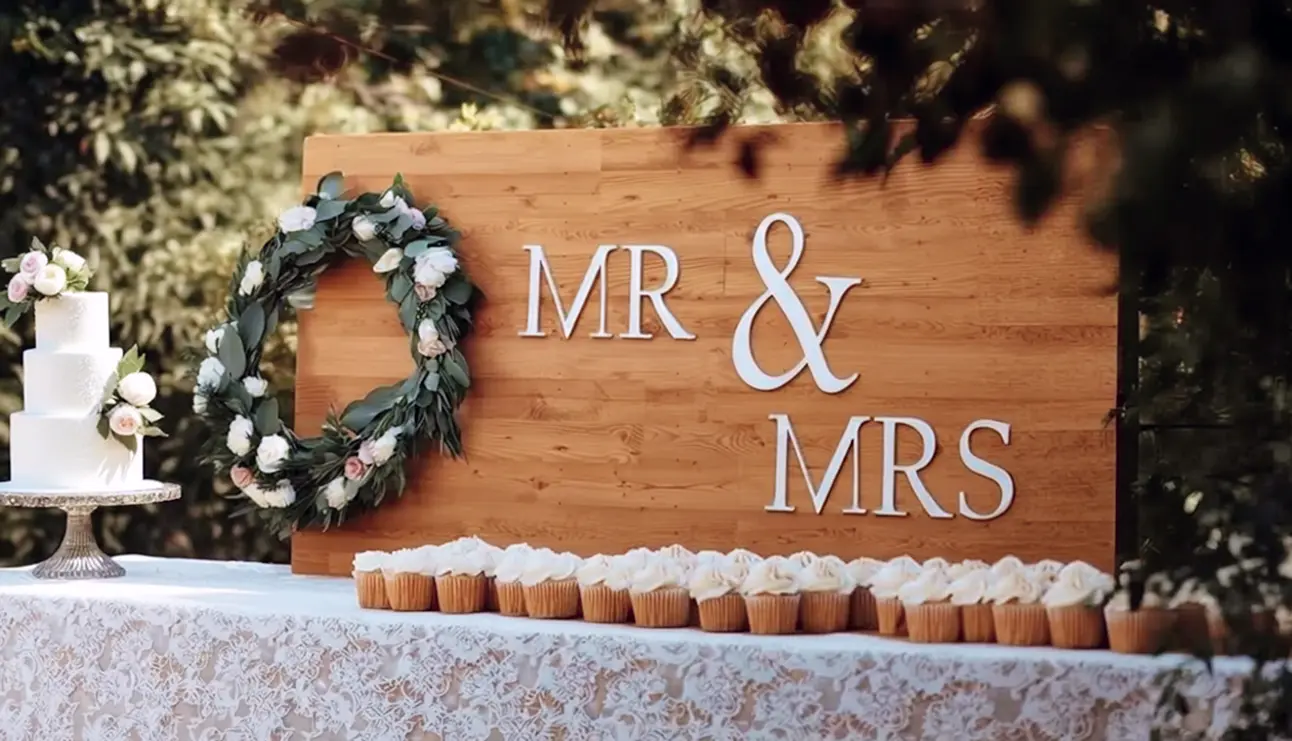 'Mr and Mrs' carved wooden wedding sign