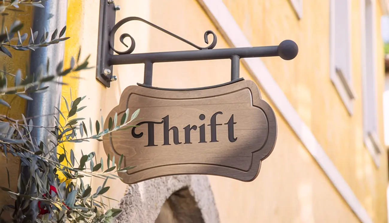'Thrift' custom wooden shopfront sign