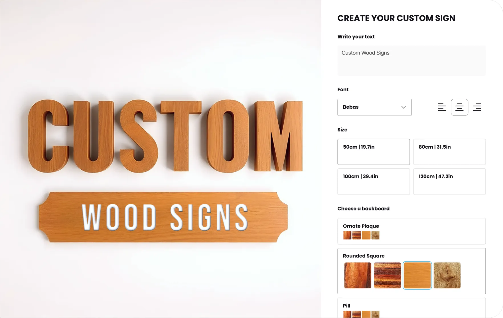 A custom wood sign visualised live in the Sign Customiser builder