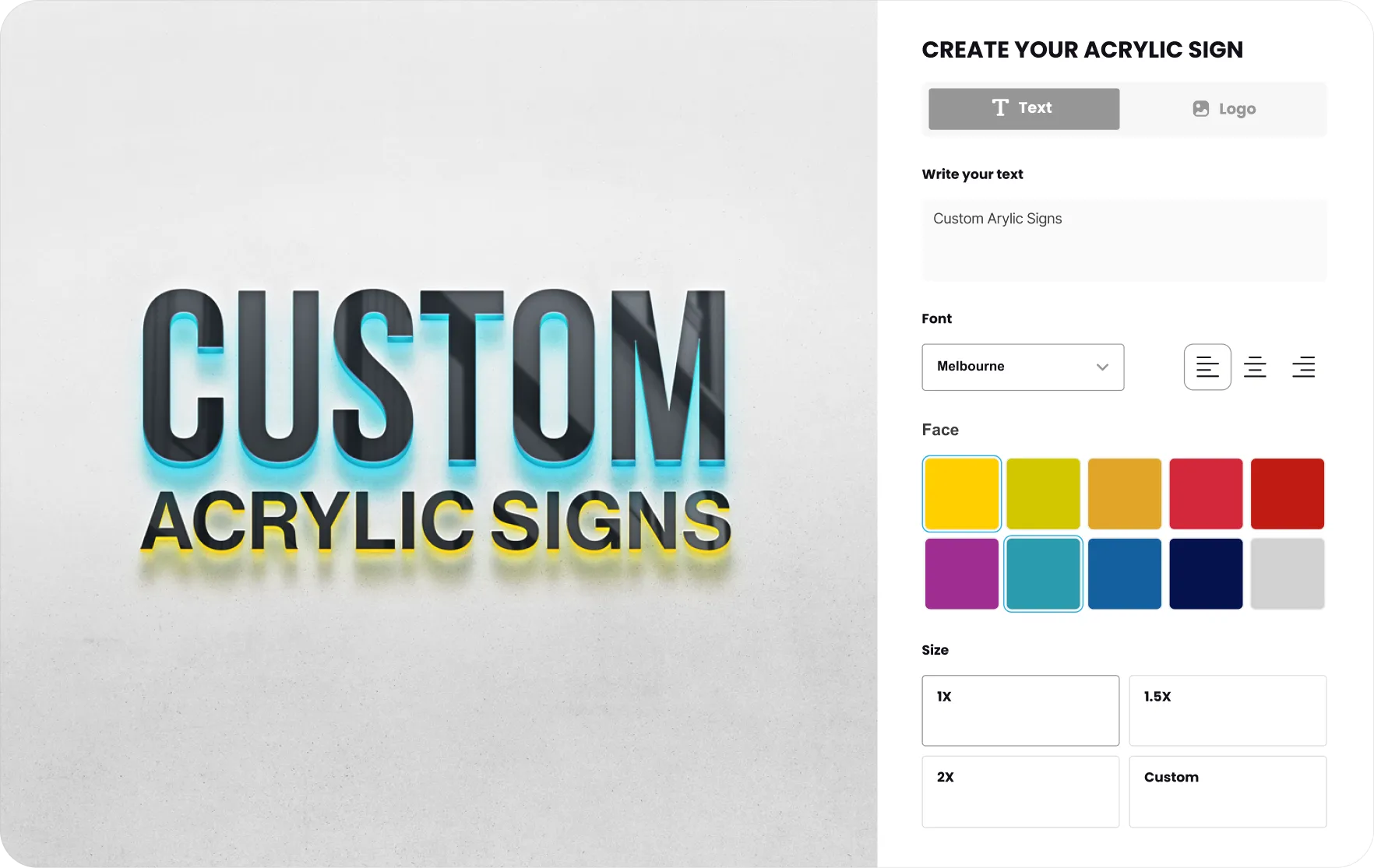 Acrylic channel letters visualised live in the Sign Customiser builder