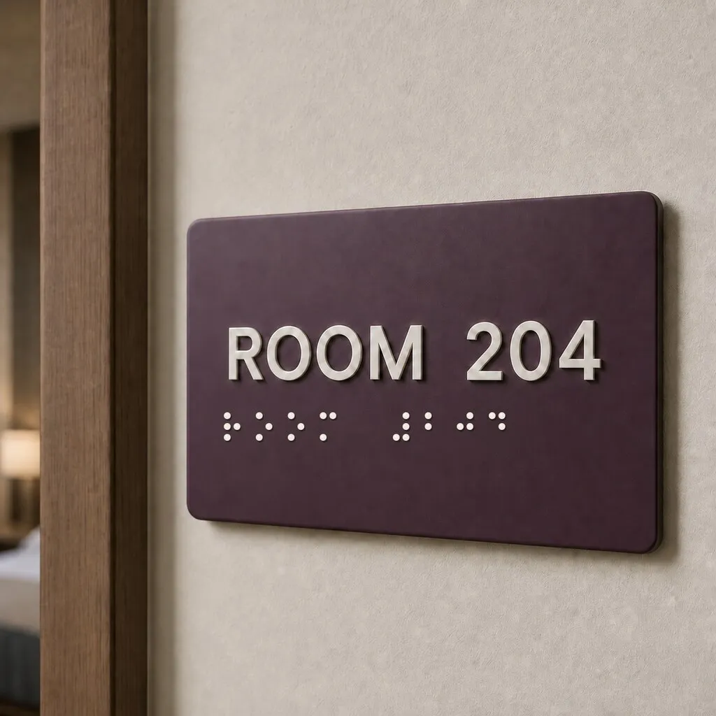 Plum acrylic Braille room sign with raised ROOM 204 lettering and tactile dots