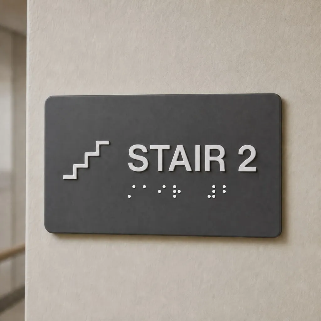 Charcoal STAIR 2 wayfinding sign with raised white lettering and tactile dots