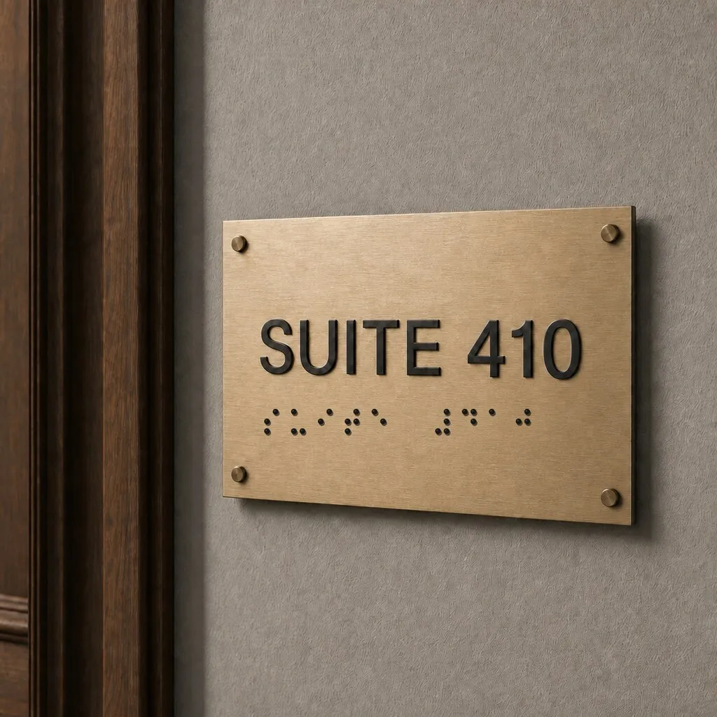 Brushed brass SUITE 410 sign with black raised lettering and tactile dots