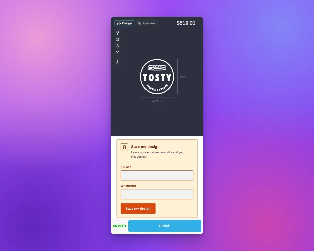 On a phone, the finished design with the Save my design form at the top of the sidebar, above the price and the Finish button