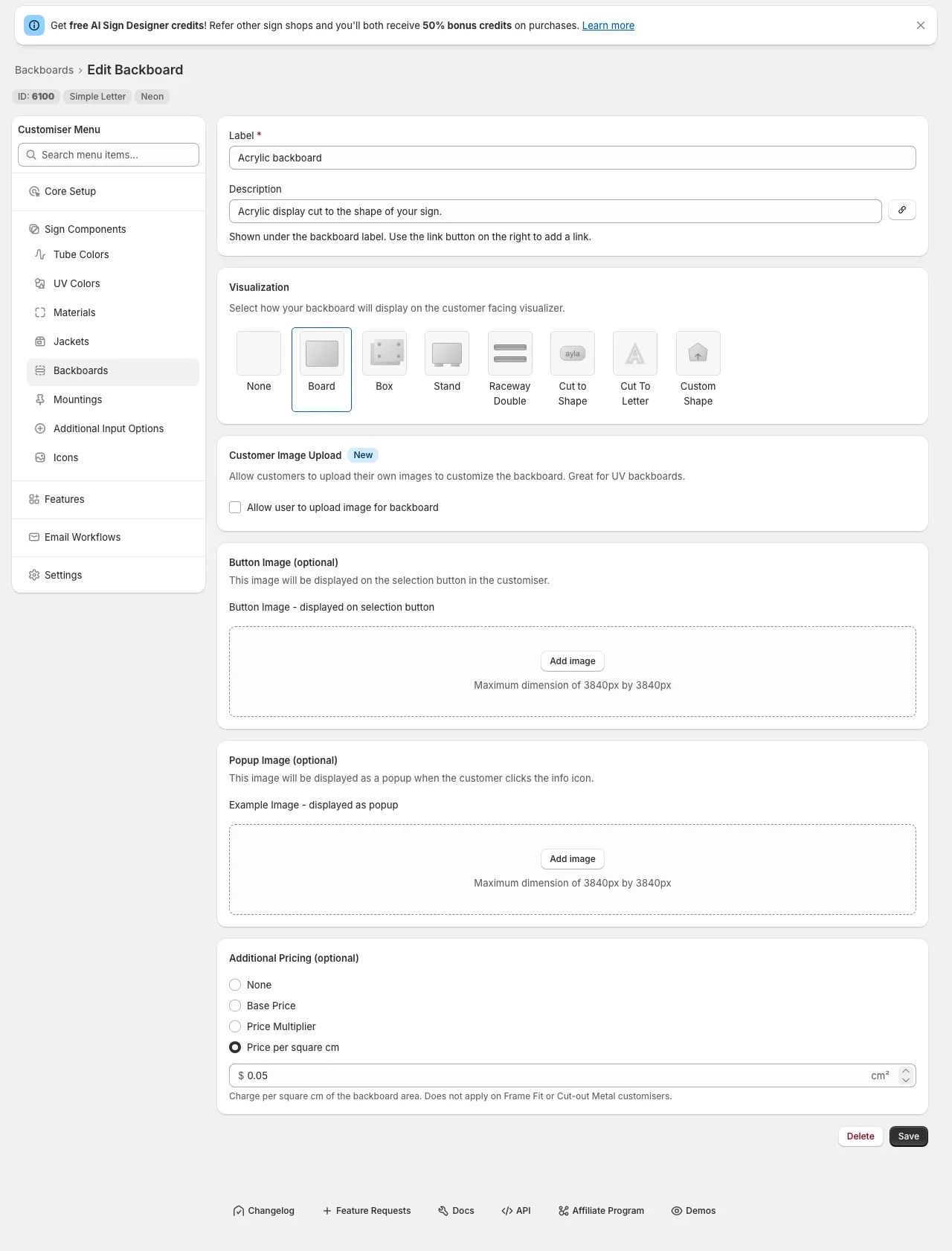 Backboard editor's Additional Pricing section with the new "Price per square cm" option selected and a rate field