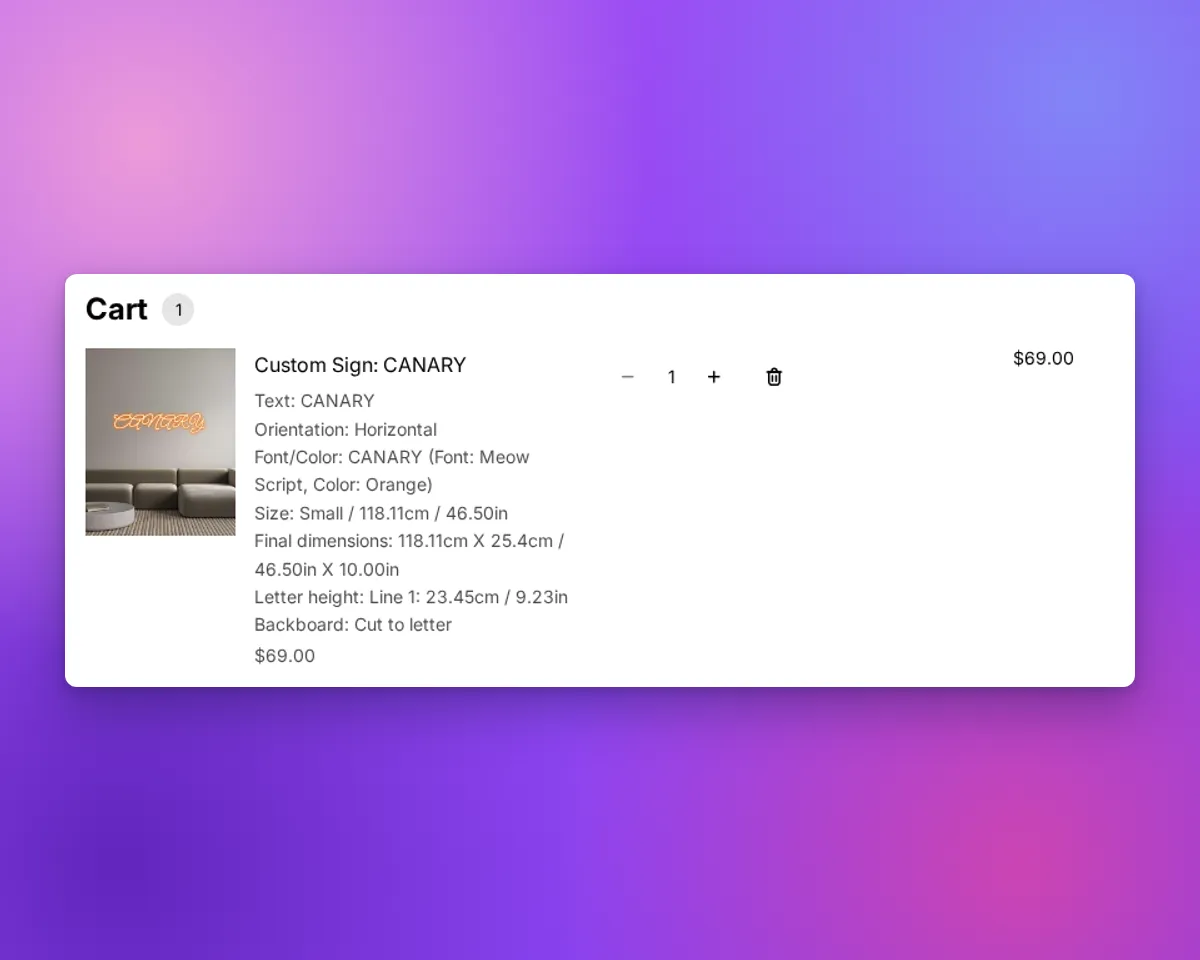 A Shopify cart line with Size: Small and the width, Final dimensions with width and height, and Letter height