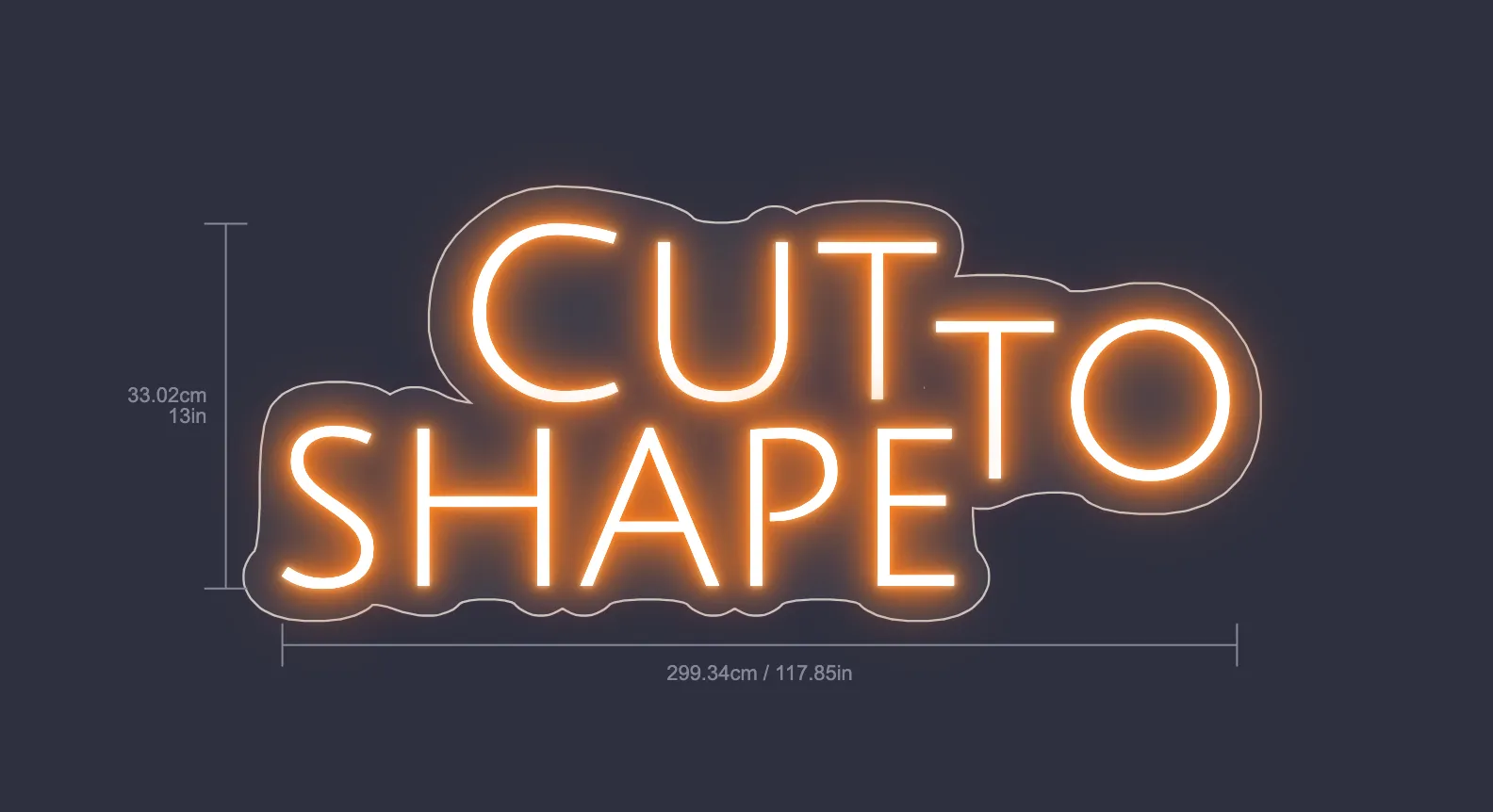 Neon sign reading "CUT TO SHAPE" on a clear acrylic backboard with a visible cut edge tracing the letters