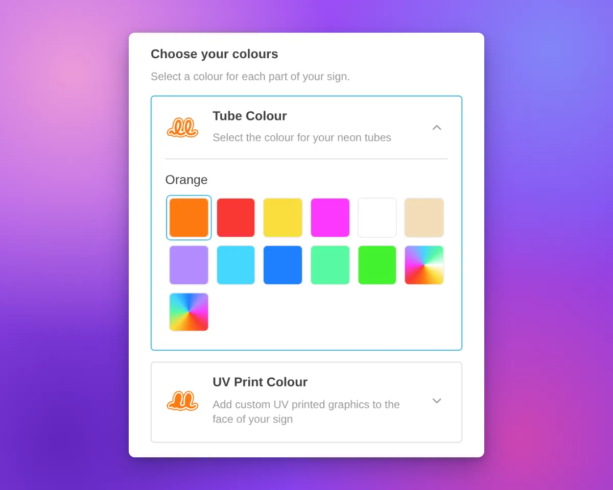 Neon customiser on a phone-width screen with the Tube Colour card open and the UV Print Colour card below it