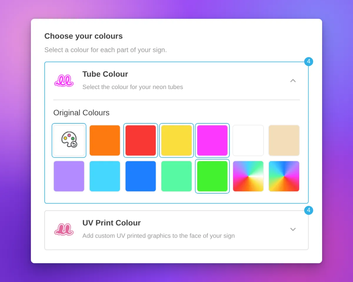 Neon customiser sidebar for an AI sign designer design with the Restore original colours swatch selected, the colour name "Original Colours", and a badge with the number 4 on the Tube Colour and UV Print Colour cards