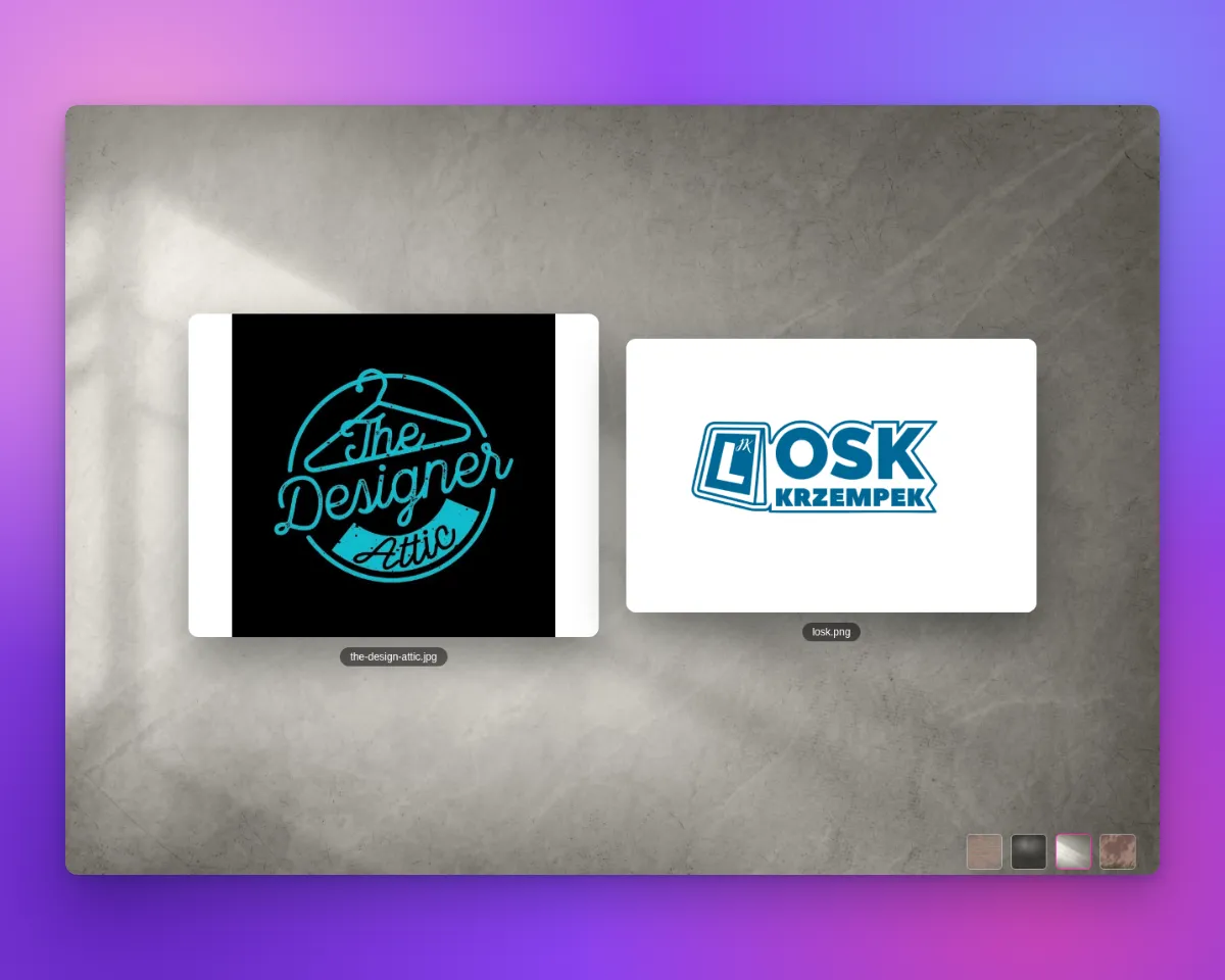 Two uploaded designs centred on a marble scene background in the custom design visualiser