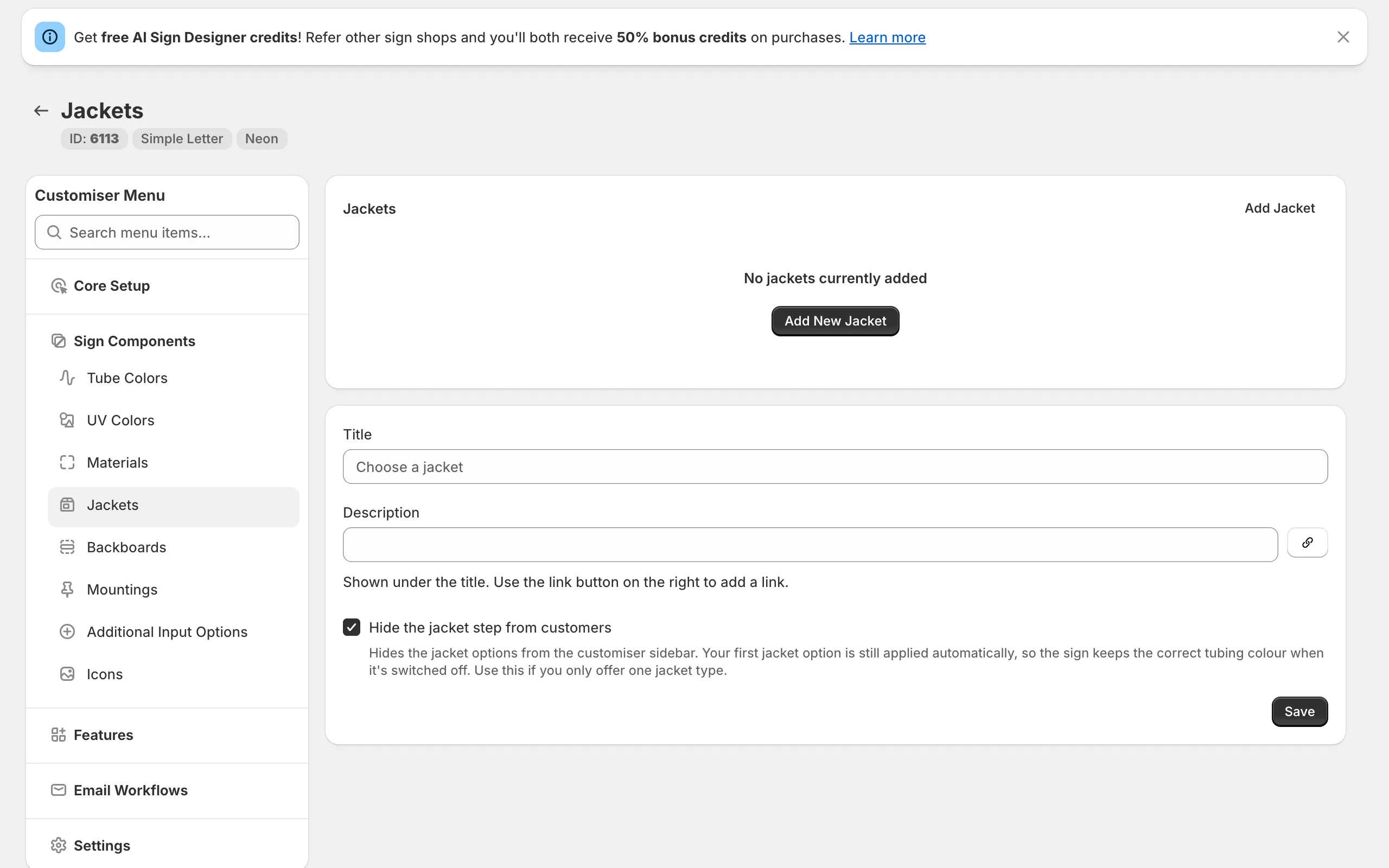 Jacket settings in the Sign Customiser admin showing the new "Hide the jacket step from customers" checkbox