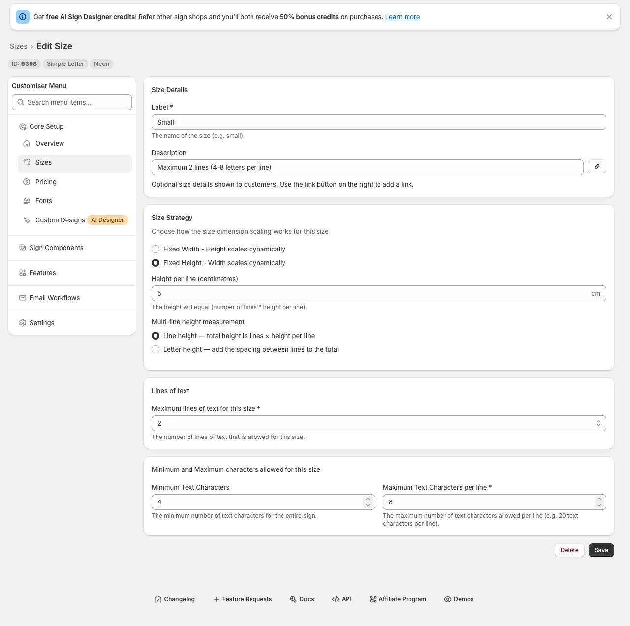 Admin Edit Size form showing the new Multi-line height measurement choice with Line height and Letter height options