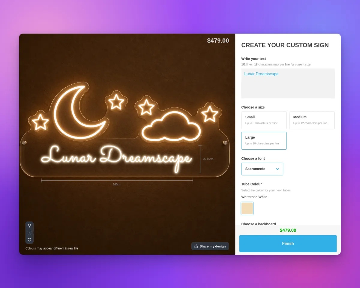 The customer customiser at Large shows Lunar Dreamscape beneath the moon, cloud and stars on a wide clear acrylic board. The selected size allows up to 18 characters per line.