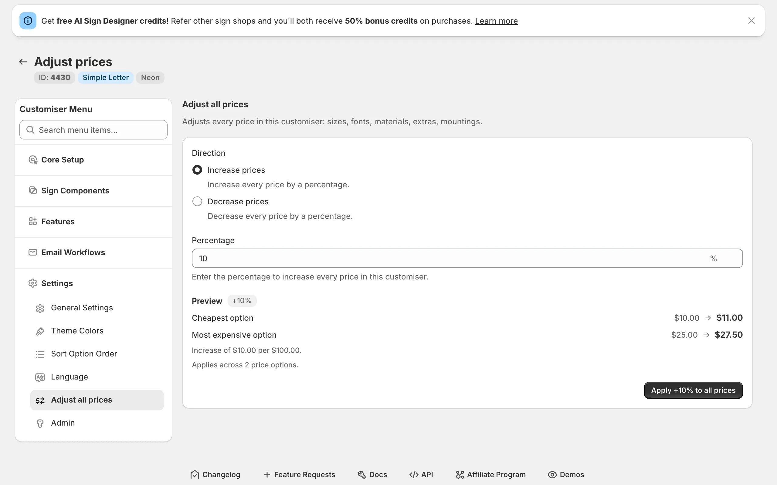 Adjust prices admin page showing a percentage increase with a live before-and-after price preview