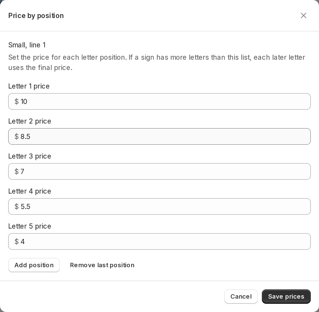 Price by position editor showing five letter prices and the final-price fallback rule