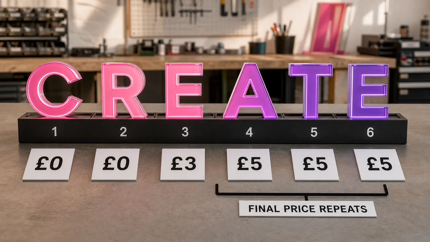 Illuminated letters in six numbered positions with price cards showing the final price repeating