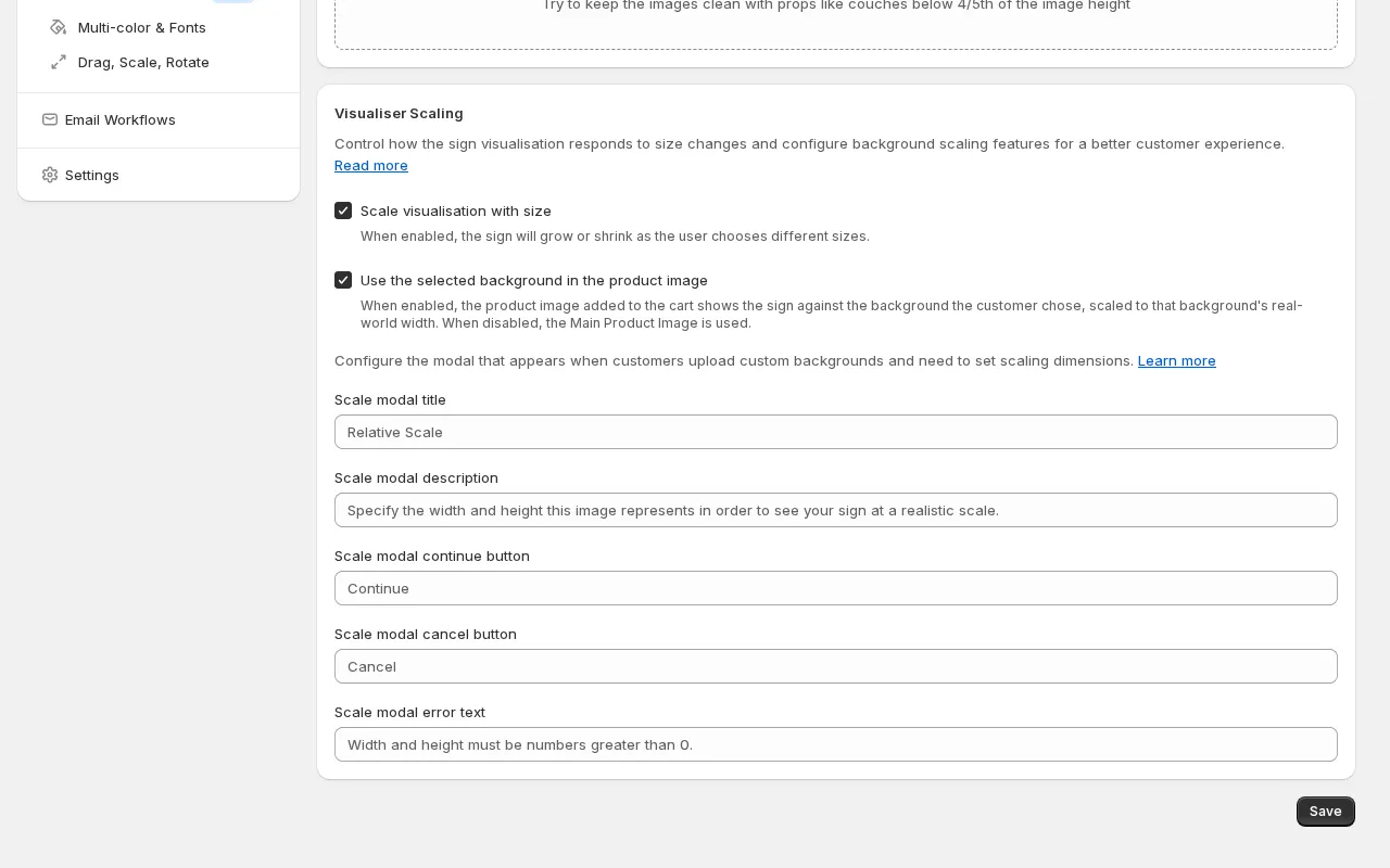 Customiser admin Visualiser Scaling settings showing the "Use the selected background in the product image" checkbox enabled beneath "Scale visualisation with size"