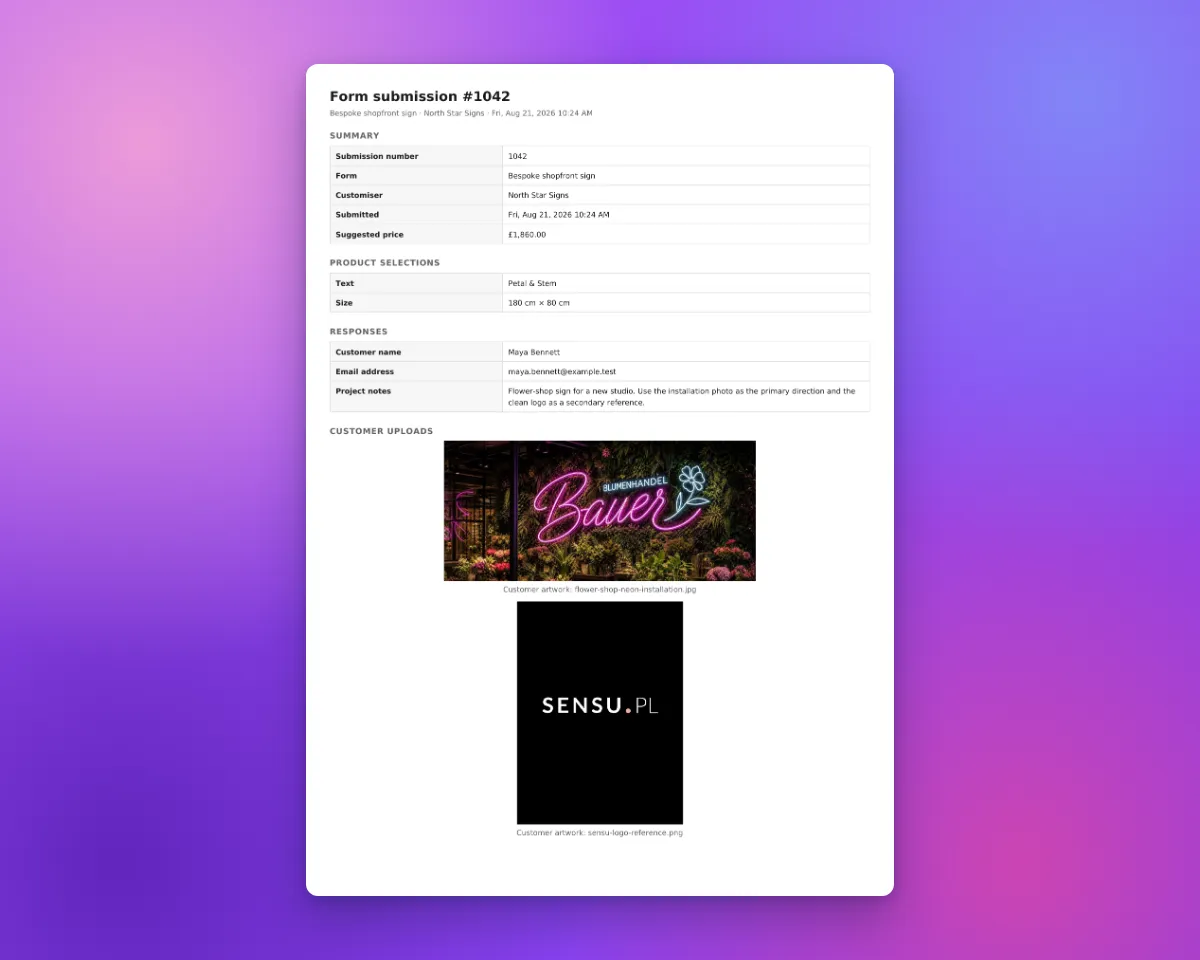 Exported form submission PDF showing the summary, product selections, customer responses and two uploaded pictures