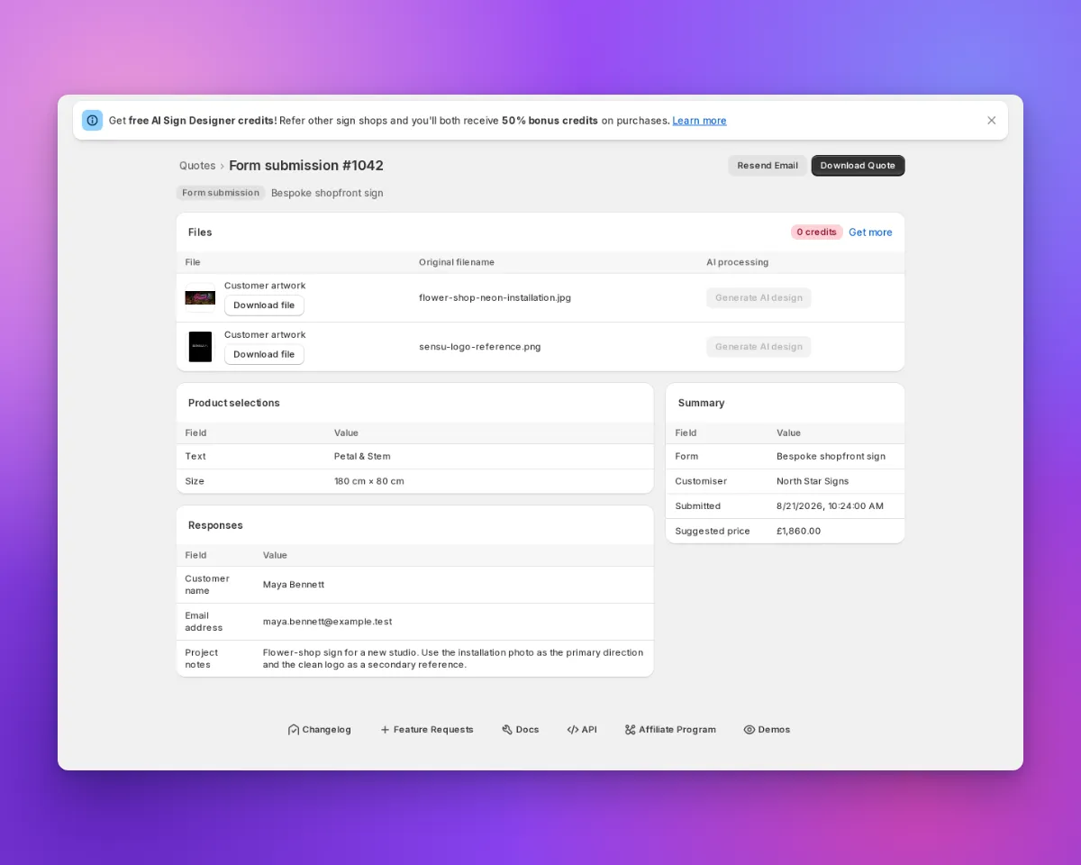 Form submission detail page showing customer answers, two artwork uploads, Resend Email and Download Quote