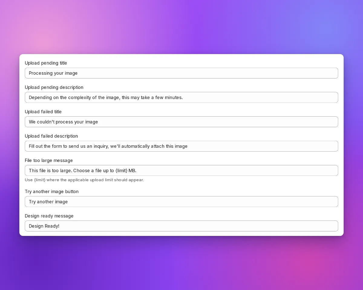 The Language section on the Custom Designs page: Try another image button is followed by Design ready message