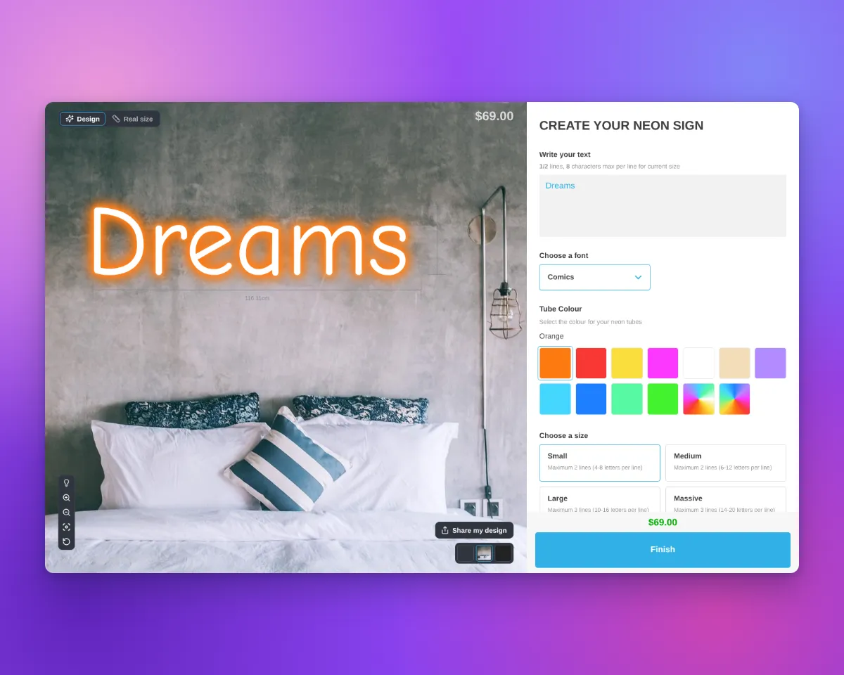 The Design view of the customer customiser with an orange "Dreams" neon sign on the wall above a bed