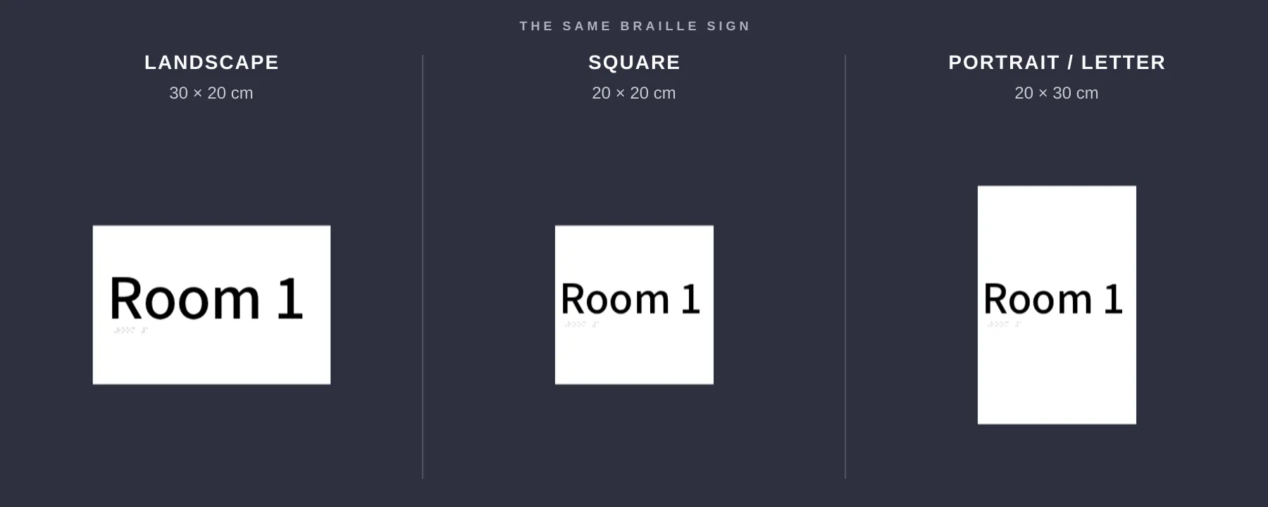 Three sign board previews showing landscape, square and portrait size proportions