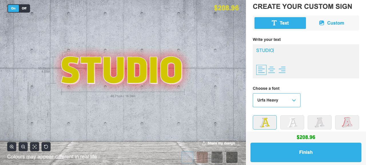 Acrylic channel letter customiser on the Sign Customiser demo store