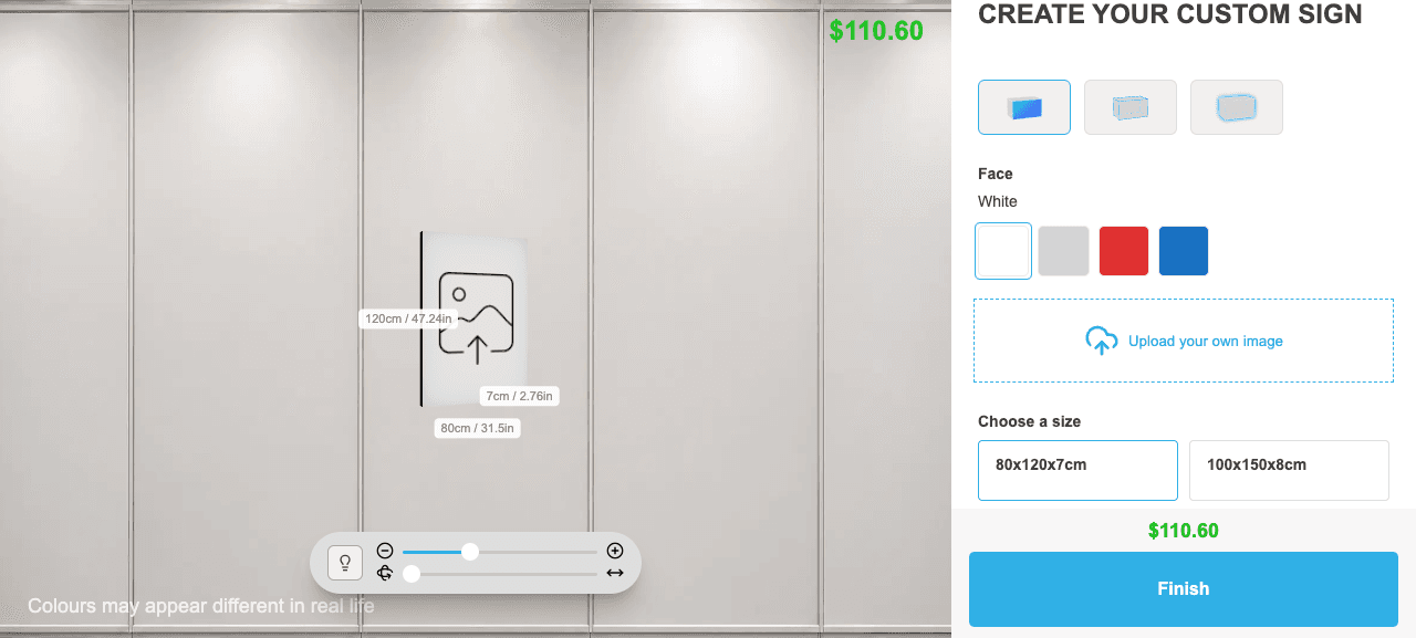 Slim lightbox customiser on the Sign Customiser demo store