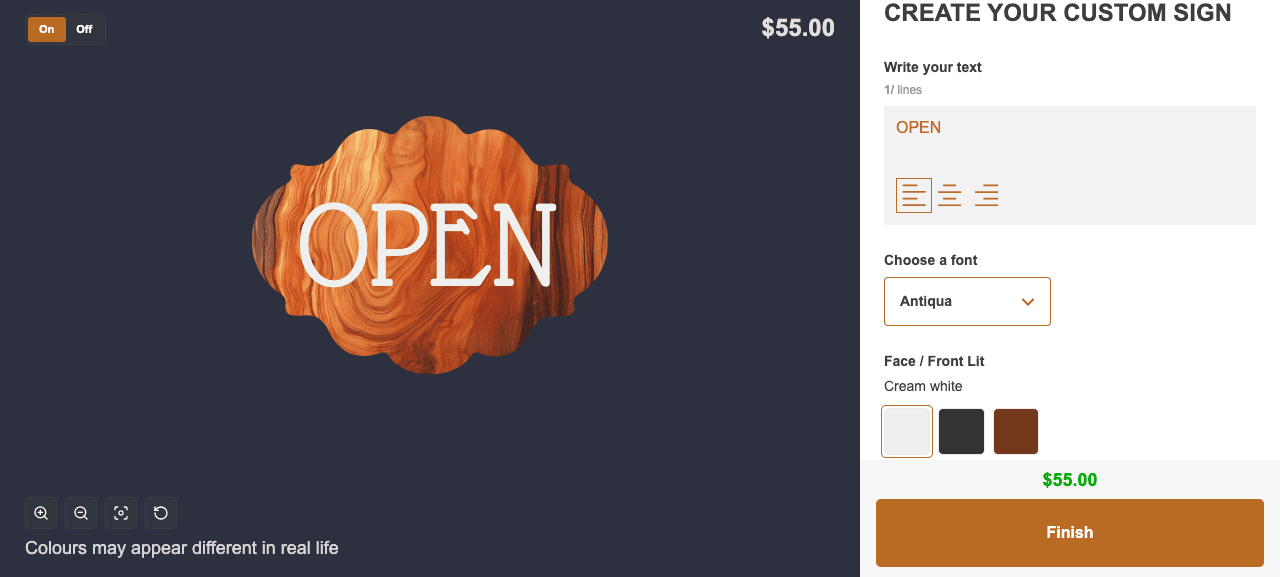 Wood sign customiser on the Sign Customiser demo store