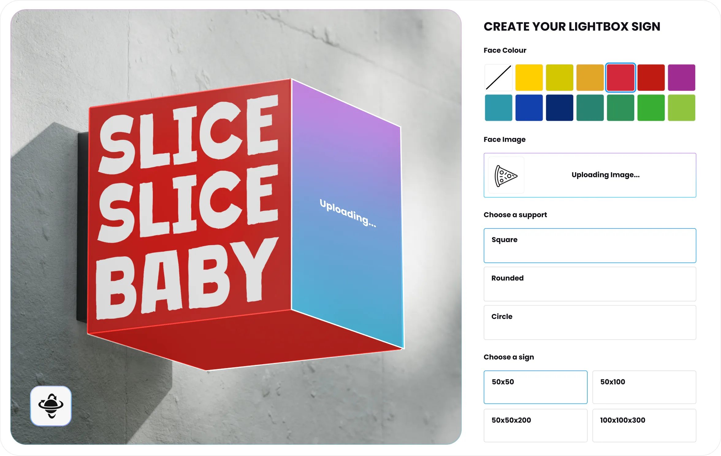 An illuminated lightbox sign visualised live in the Sign Customiser lightbox builder