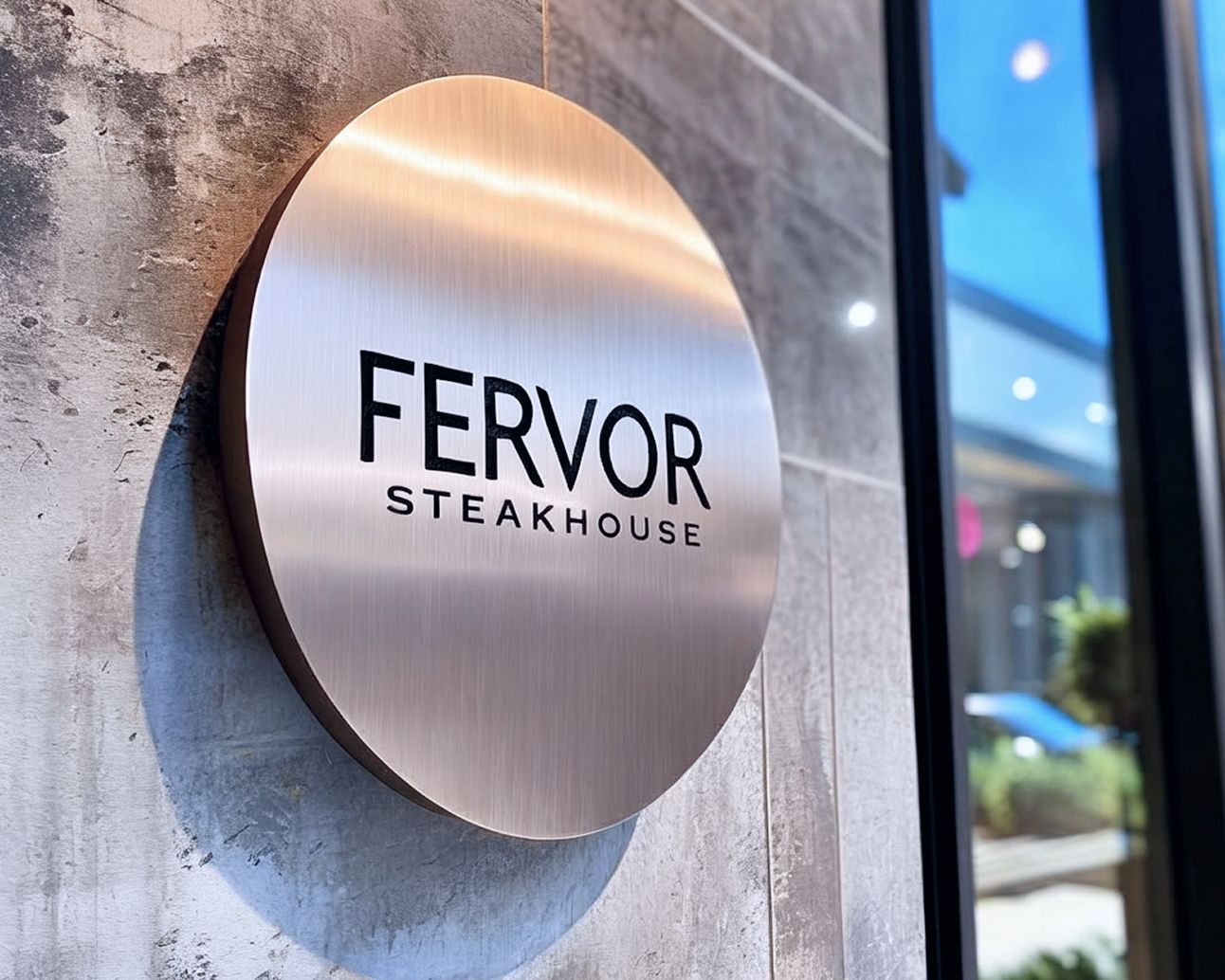 Steakhouse aluminium plate sign installed on a stone wall