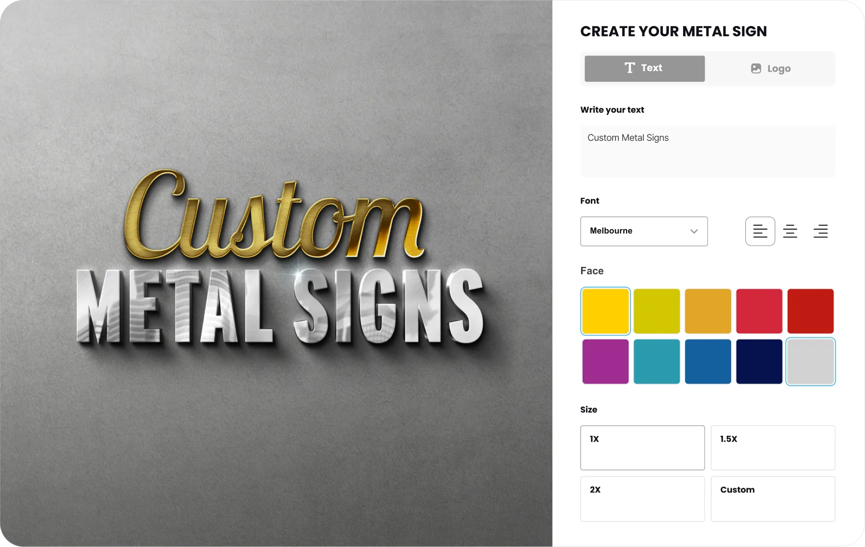 Metal channel letters visualised live in the Sign Customiser builder