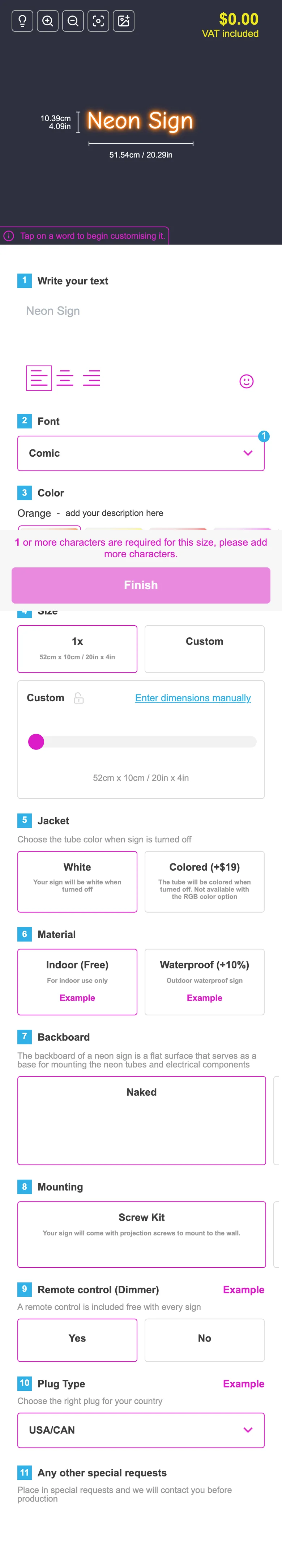 Mobile Sign Customiser preview showing live neon sign design controls, pricing and colour options