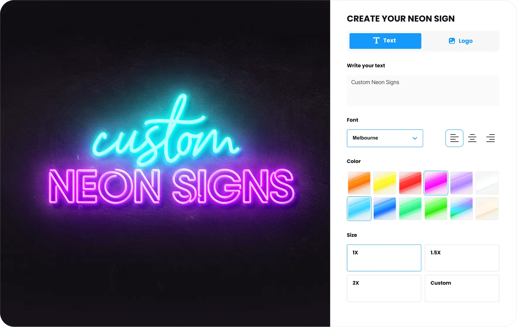 A glowing LED neon sign visualised live in the Sign Customiser neon builder