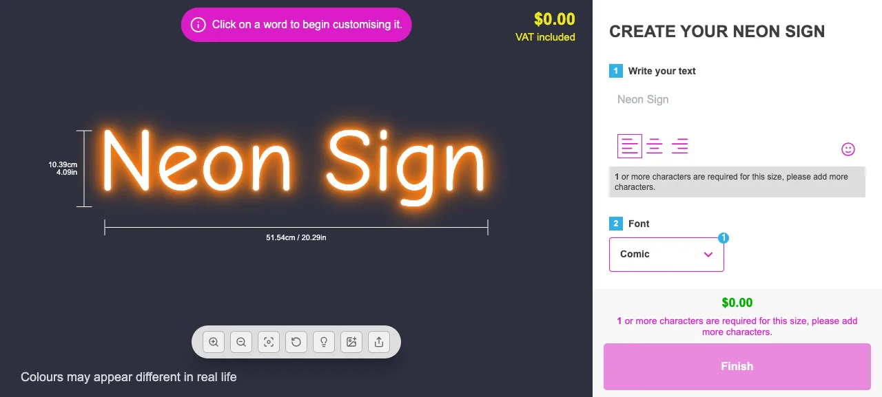Sign Customiser builder rendering a glowing neon sign in real time with day/night toggle and live pricing