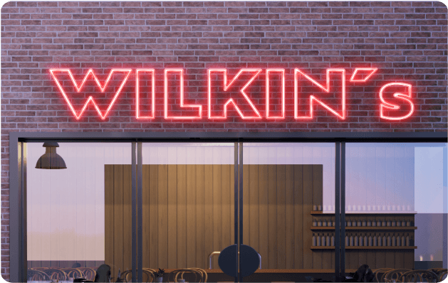 Wilkins custom neon shop sign designed in Sign Customiser