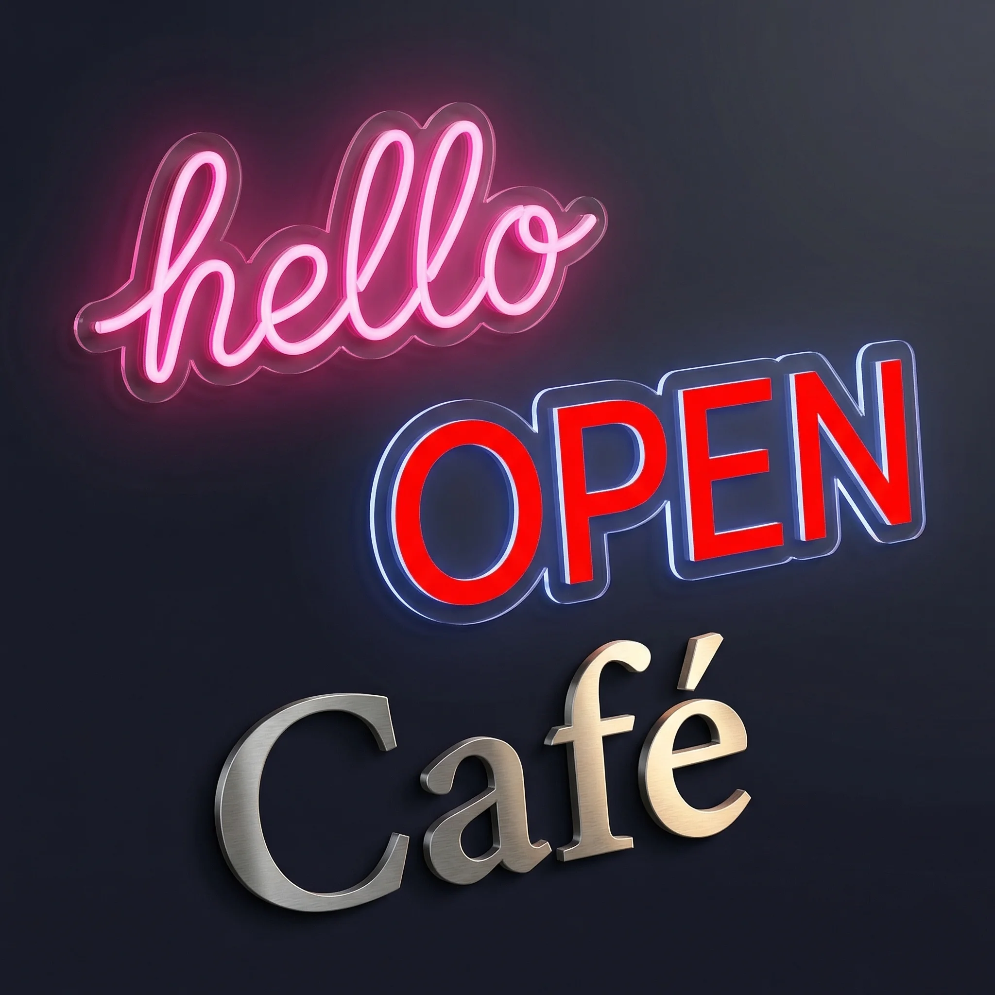 Three custom sign types: neon, acrylic, and brushed metal letters