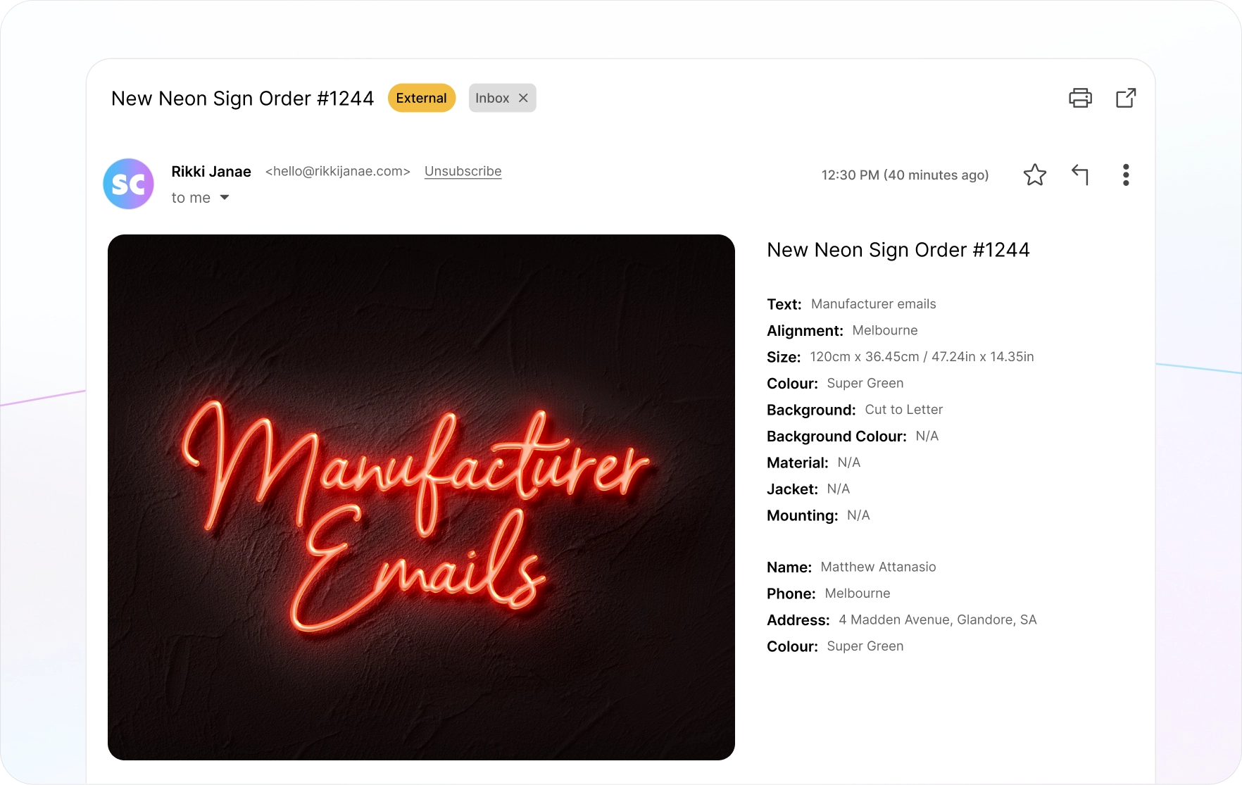 Sign Customiser automated manufacturer email with neon sign preview and detailed production specifications