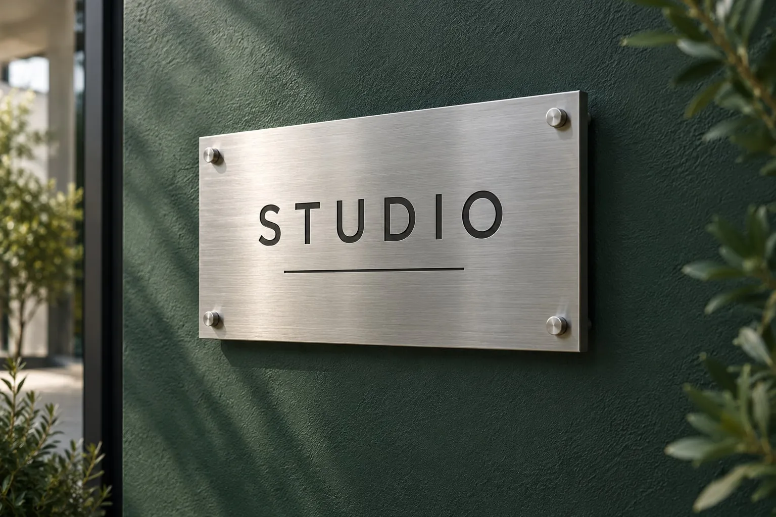 Brushed steel STUDIO plaque with four metal fixings on a green wall