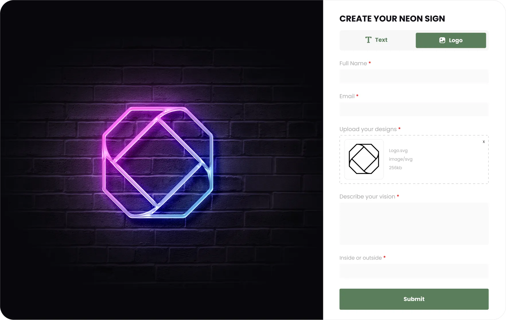 Sign Customiser logo upload form showing custom logo converted to illuminated neon sign preview