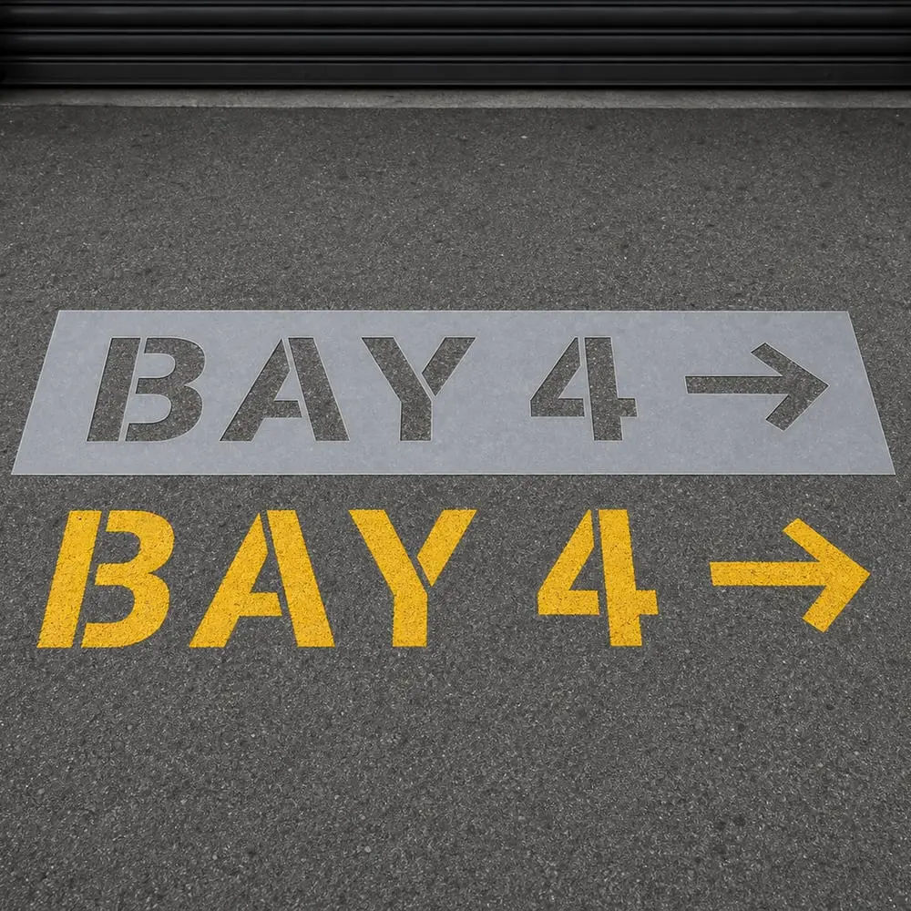 Reusable Mylar stencil and yellow BAY 4 loading-bay floor marking