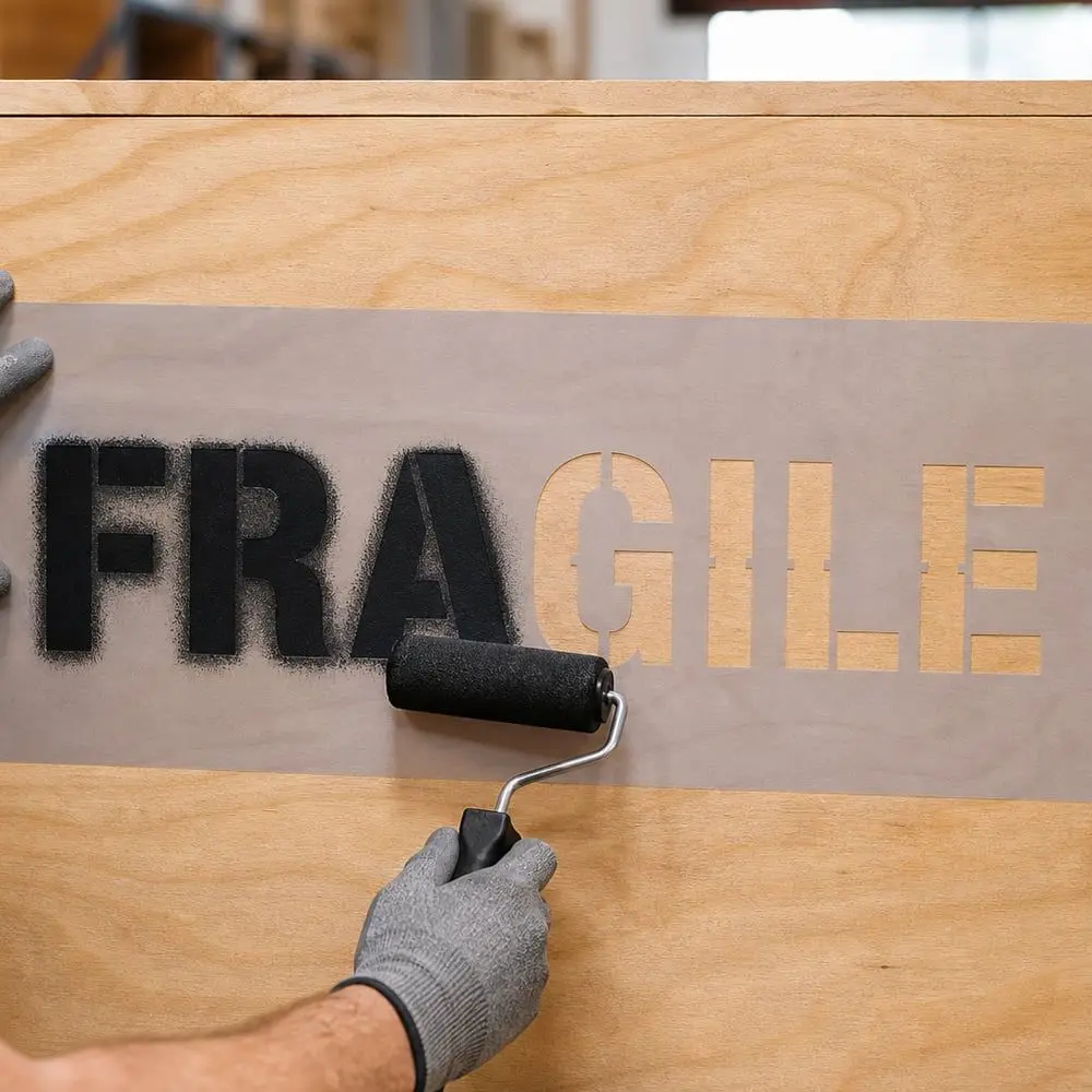 Reusable stencil being used to mark a wooden shipping crate