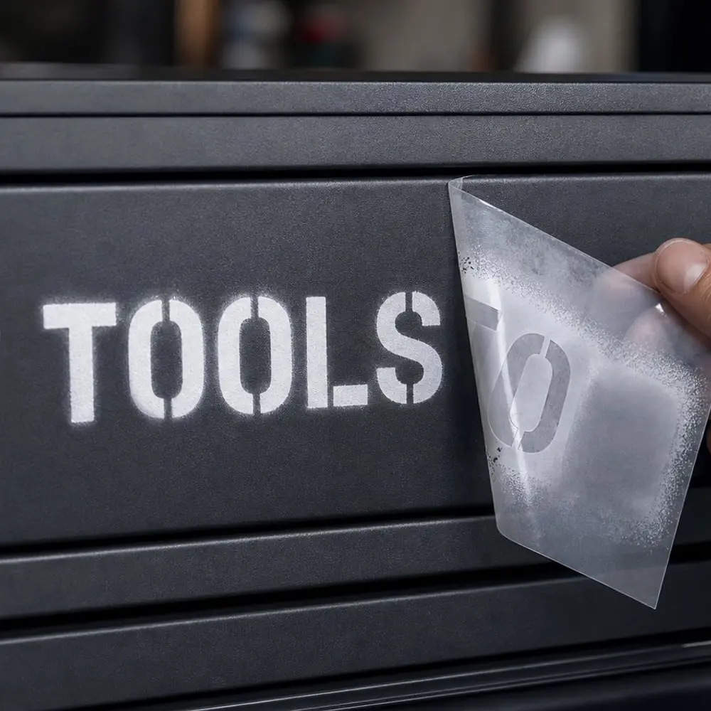 Flexible stencil revealing a white tools label on a workshop cabinet