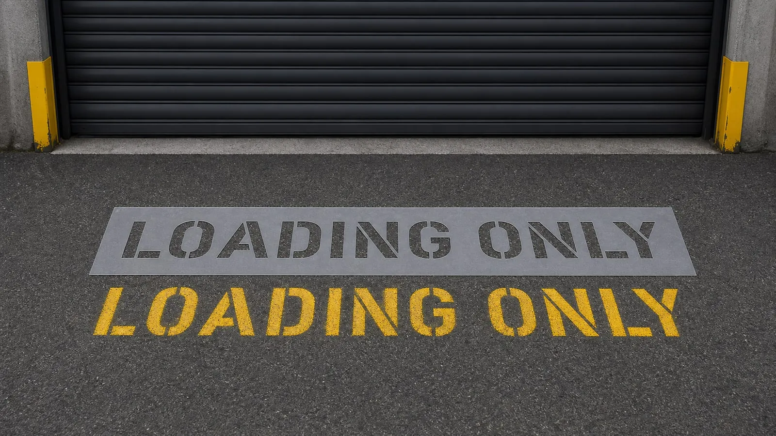 Reusable Mylar loading-bay stencil beside a freshly painted yellow marking