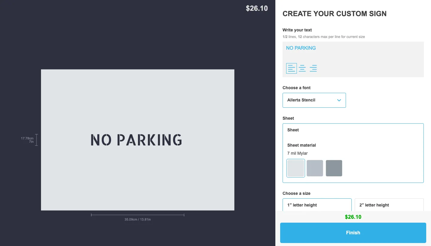 Live stencil customiser showing NO PARKING at 1 inch letter height with finished sheet dimensions
