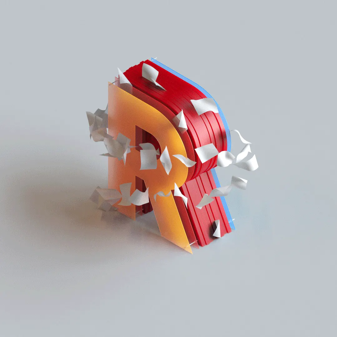 Animated 3D render of a letter R built from orange, red and blue layers, turning while white paper scraps fly around it