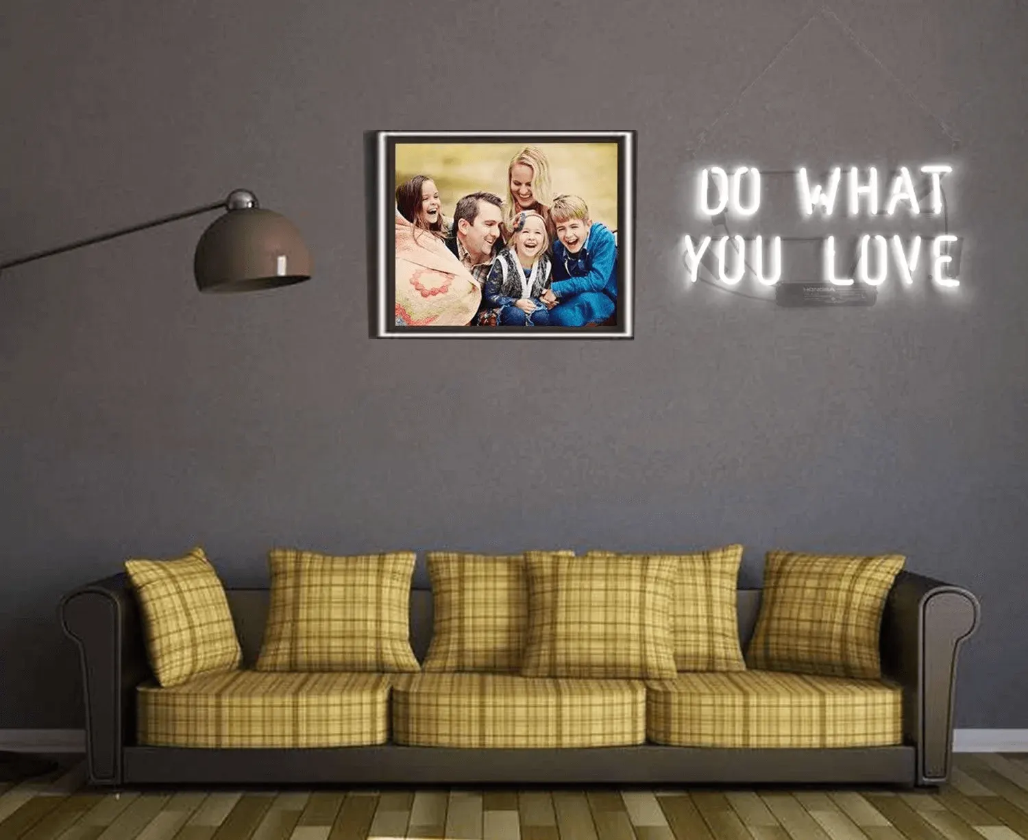 A short neon quote sign mounted above a bed in a bedroom setting