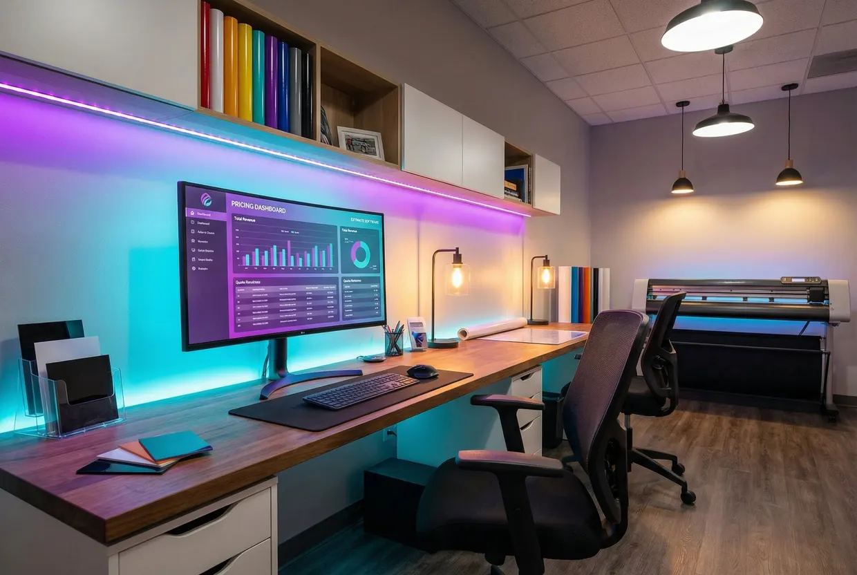 Sign shop workspace with estimating software dashboard on computer monitor