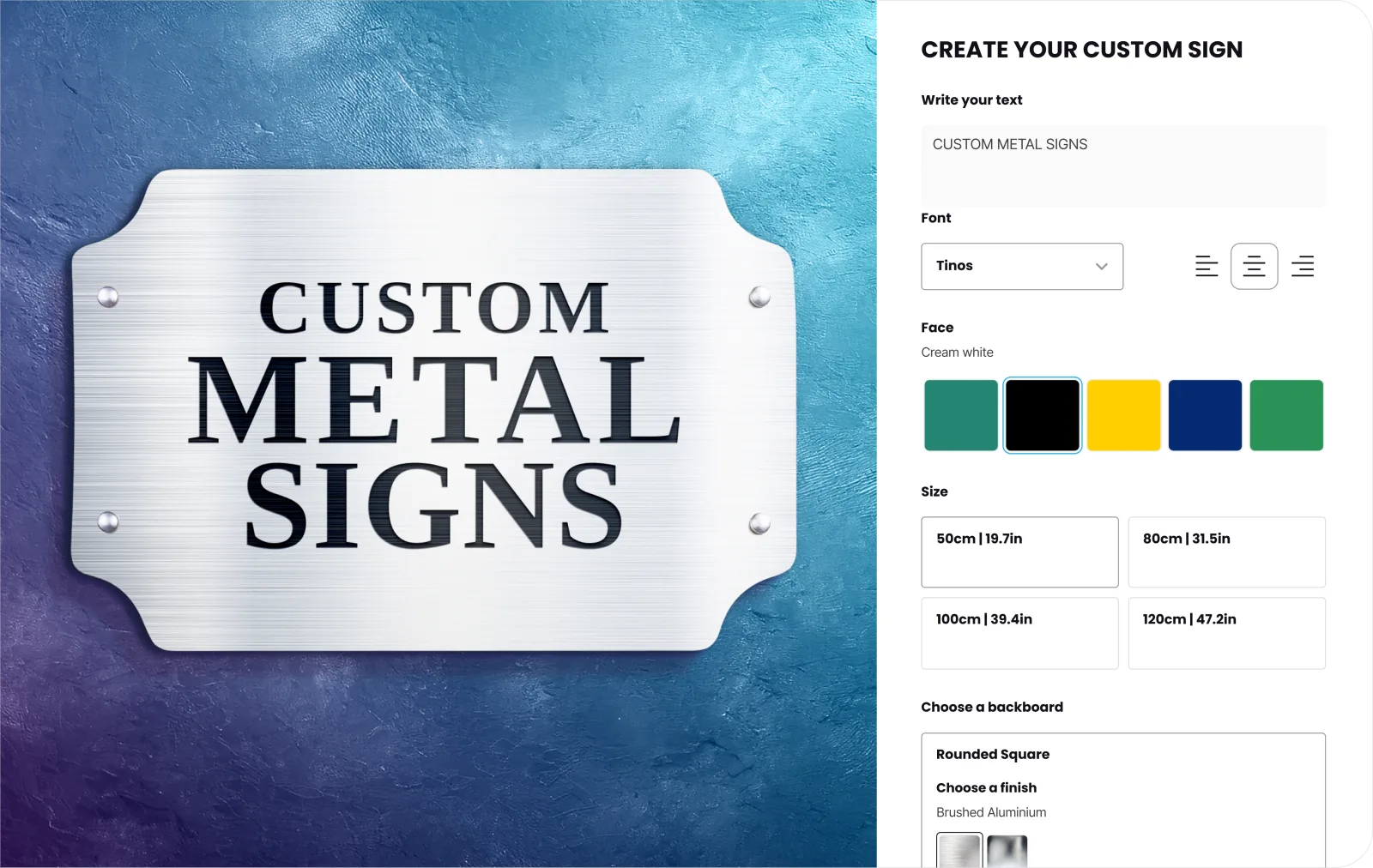 Sign Customiser metal sign options: text, font, face colour, size and backboard, with a brushed-aluminium preview