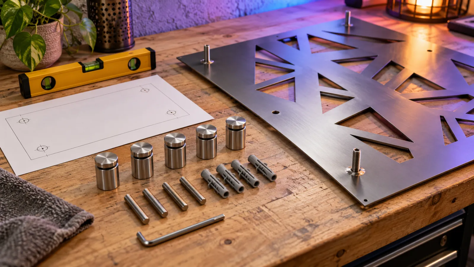 Stainless standoffs, studs, wall anchors, a drilling template, a spirit level and a hex key next to a laser-cut steel sign panel